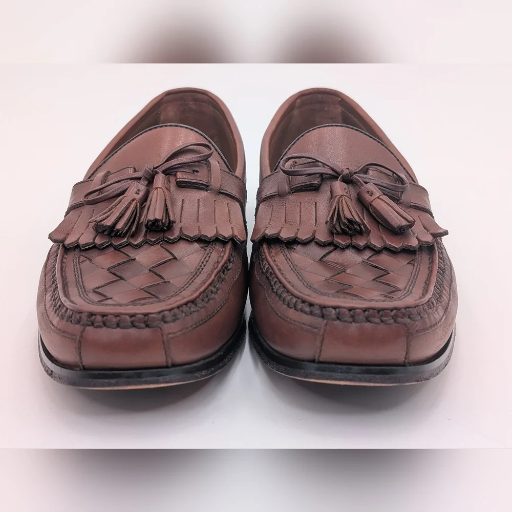 Johnston & Murphy Classic Woven Loafer Sz 12M Genuine Brown Leather With Tassels